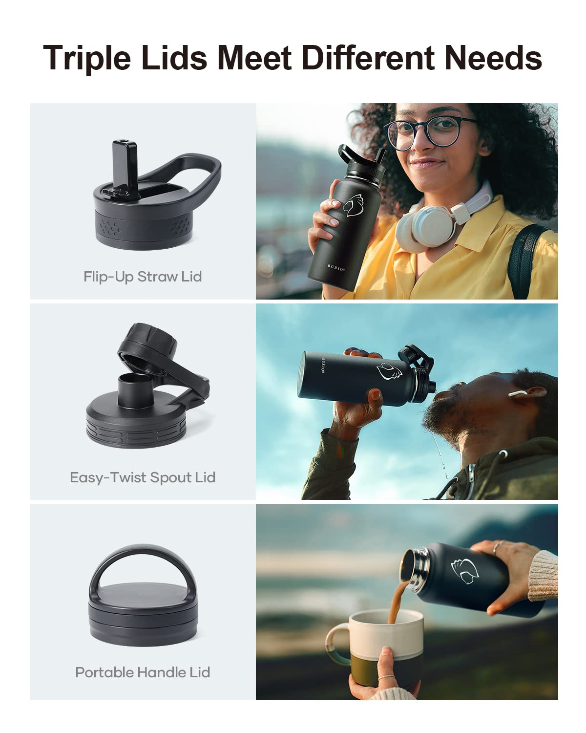 Buzio 32 Oz Water Bottle Insulated With Straw & 3 Lid And Carrying Pouch, Leak Proof Anti-Slip Stainless Steel Water Flask Jug,