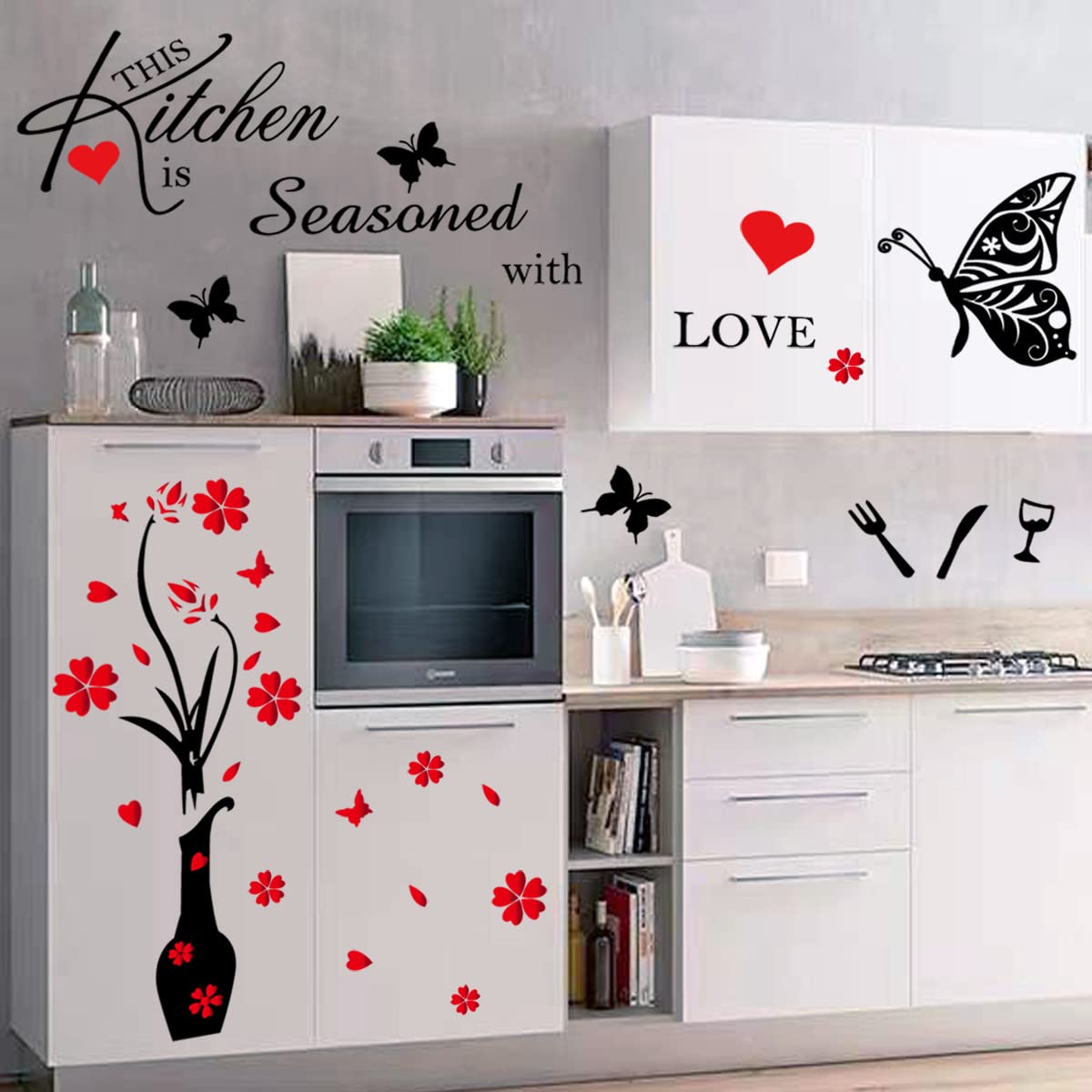 Kitchen Wall Decor Stickers Kitchen Quotes This Kitchen Is Seasoned With Love Red Heart Butterfly Wall Sticker Removable Wall De