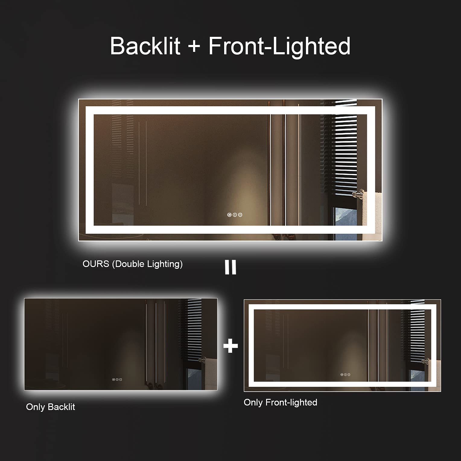 Amorho 60''x28'' LED Bathroom Mirror for Wall  Backlit + Front-Lighted Vanity Mirror  Dimmable Makeup Mirrors  Anti-Fog  Memory  3 Colors  Shatterproof  ETL Listed