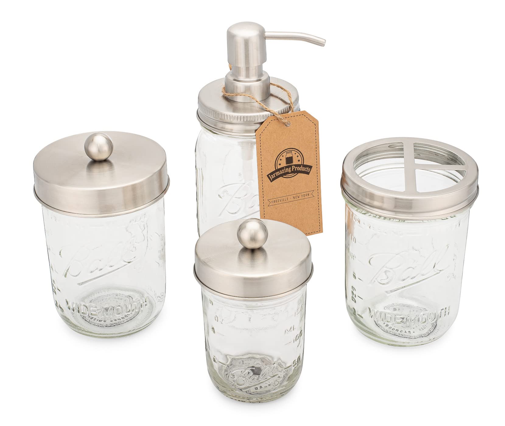 Jarmazing Products Ball Mason Jar Bathroom Gift Set (4 Pcs) - Lotion/Soap Dispenser, Toothbrush Holder, Q-Tip Storage Jars - Far