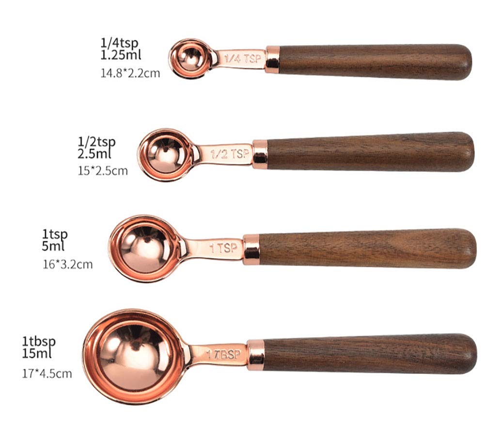 Goeielewe Set Of 4 Stainless Steel Measuring Spoons, Copper Plated Nesting Measuring Spoon Set With Walnut Wood Handle For Dry A