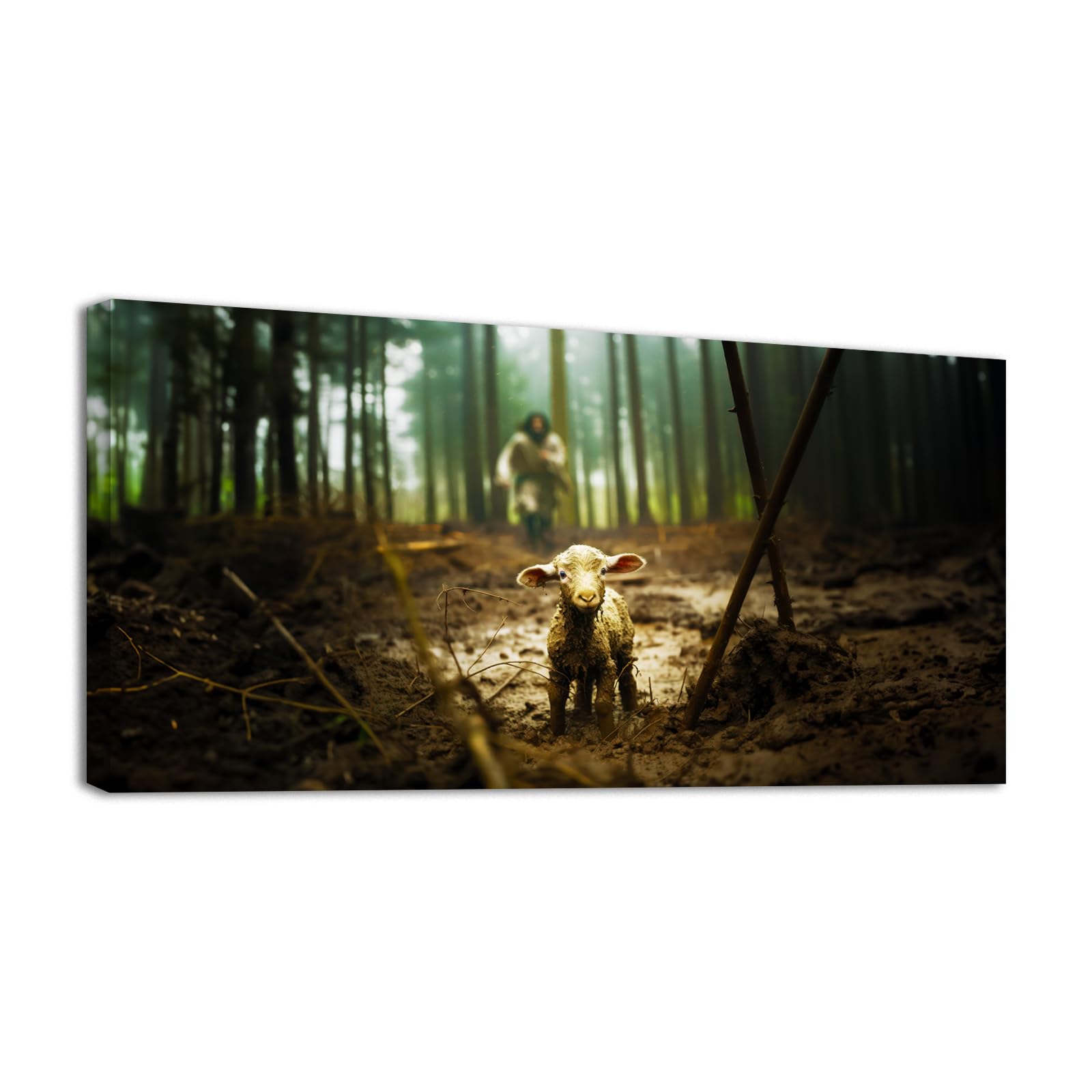 Jesus And Lamb Canvas Wall Art 48''X24'' Jesus Running After Lost Lamb Picture Wall Art Canvas Print Christian Home Decor