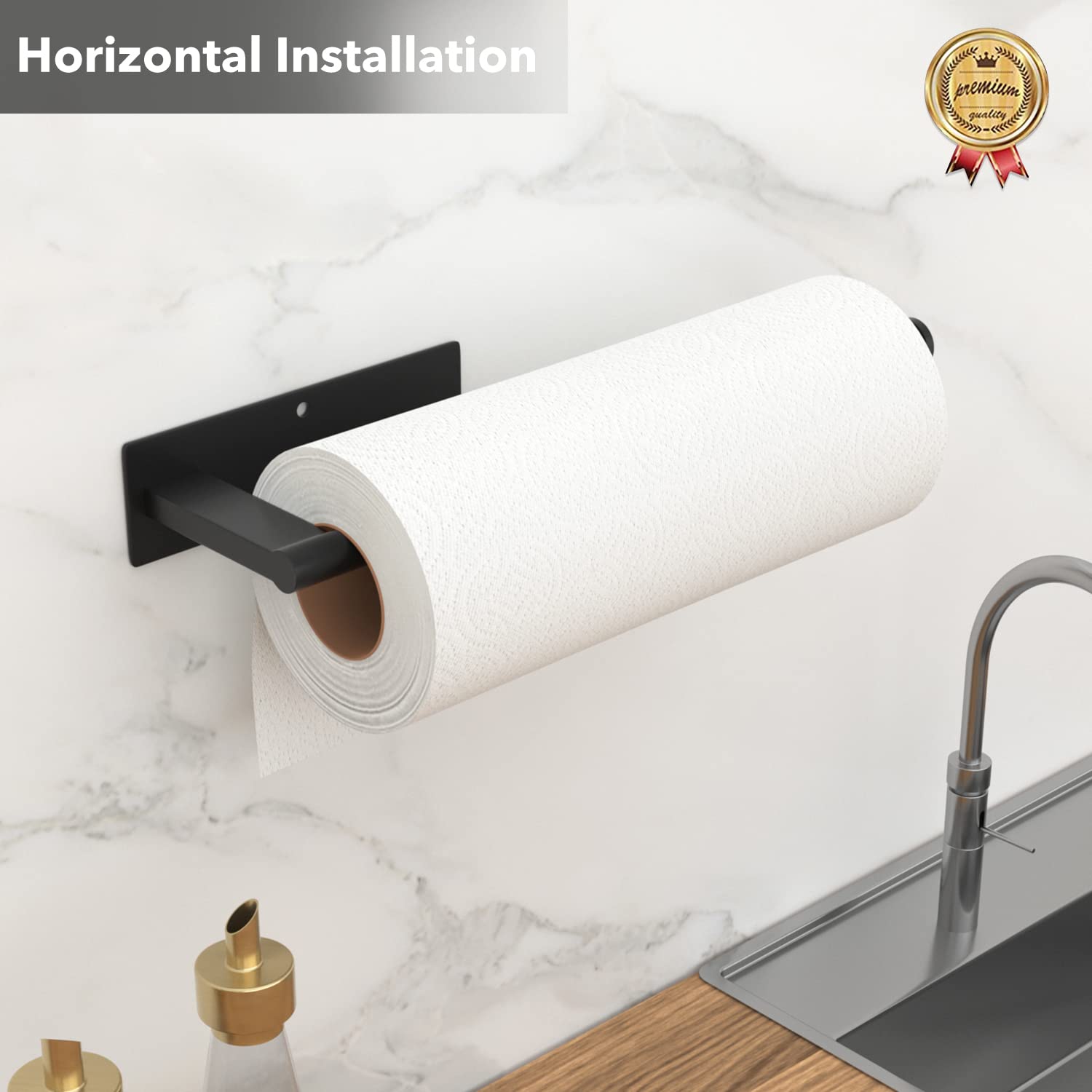 Paper Towel Holder Under Cabinet - Stainless Steel Paper Towel Holder Wall Mount, Self-Adhesive Or Drilling, Matte Black Towel R