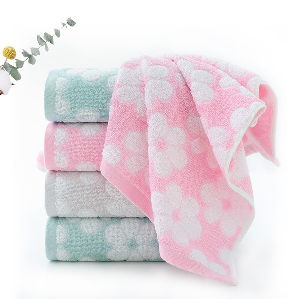Pidada Hand Towels Set Of 2 Floral Pattern 100% Cotton Soft Absorbent Decorative Towel For Bathroom (Green)