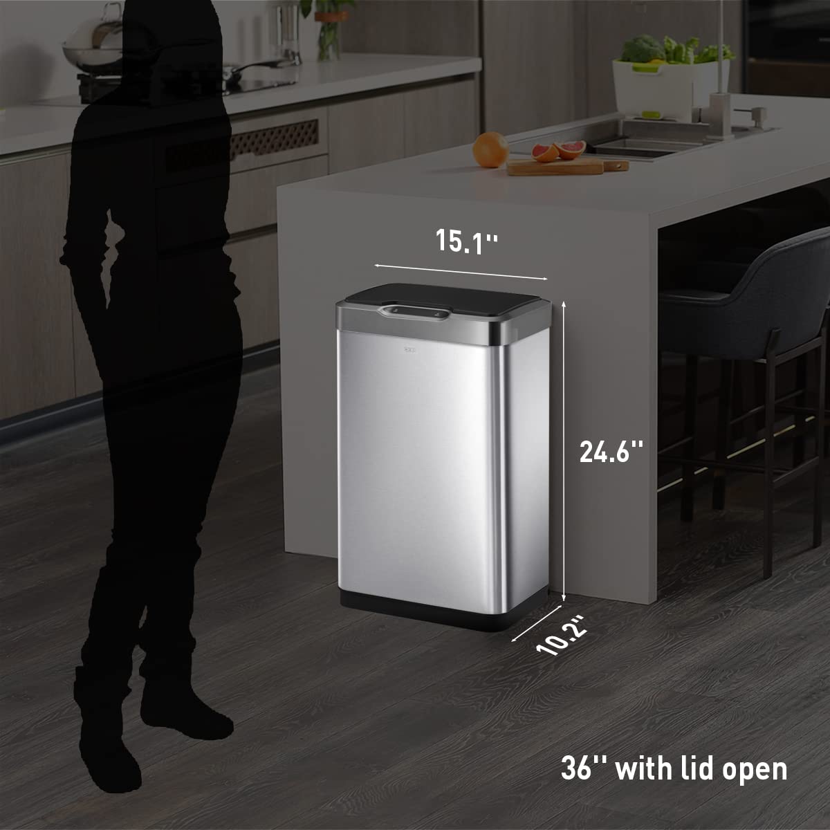 Eko Mirage-T 50 Liter / 13.2 Gallon Touchless Rectangular Motion Sensor Trash Can, Brushed Stainless Steel Finish