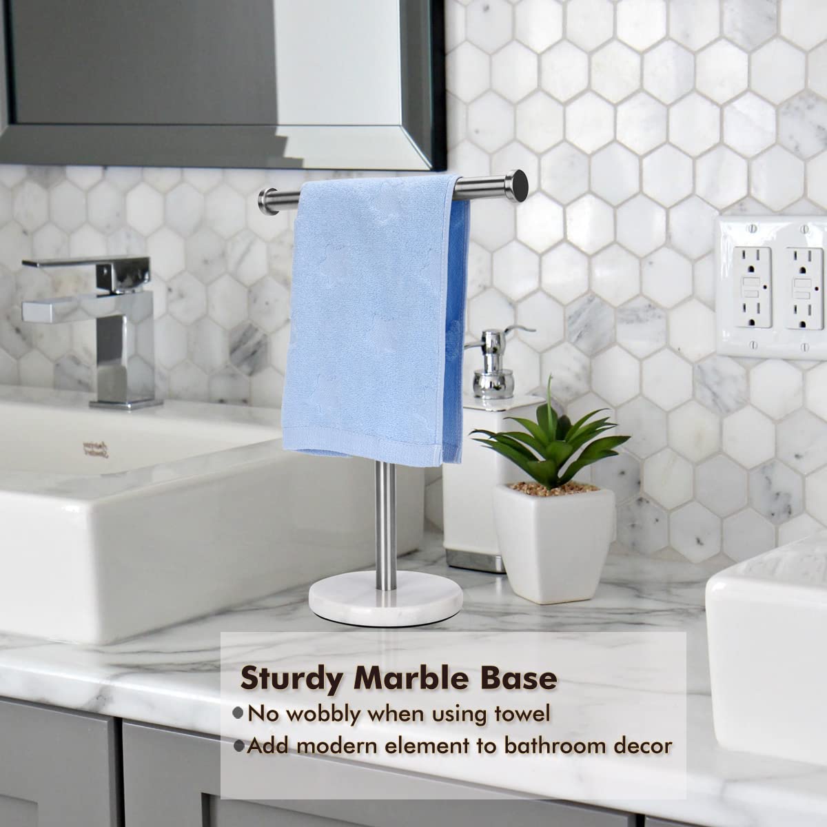 Hand Towel Holder Stand Countertop, Sturdy Marble Base, No Wobbly, Hand Towel Rack For Bathroom (Brushed Nickel)