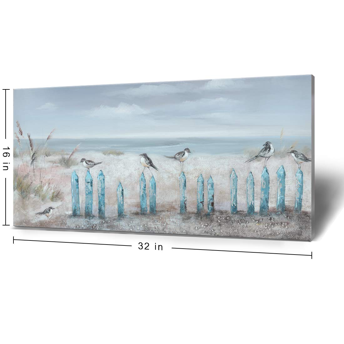 Ocean Beach Wall Art 3D Framed Hand-Painted Seascape Oil Painting Perching Bird Canvas Artwork 'The Tranquility by The Sea Shore' for Living Room Bedroom D?or Coastal Blue 16x32inch