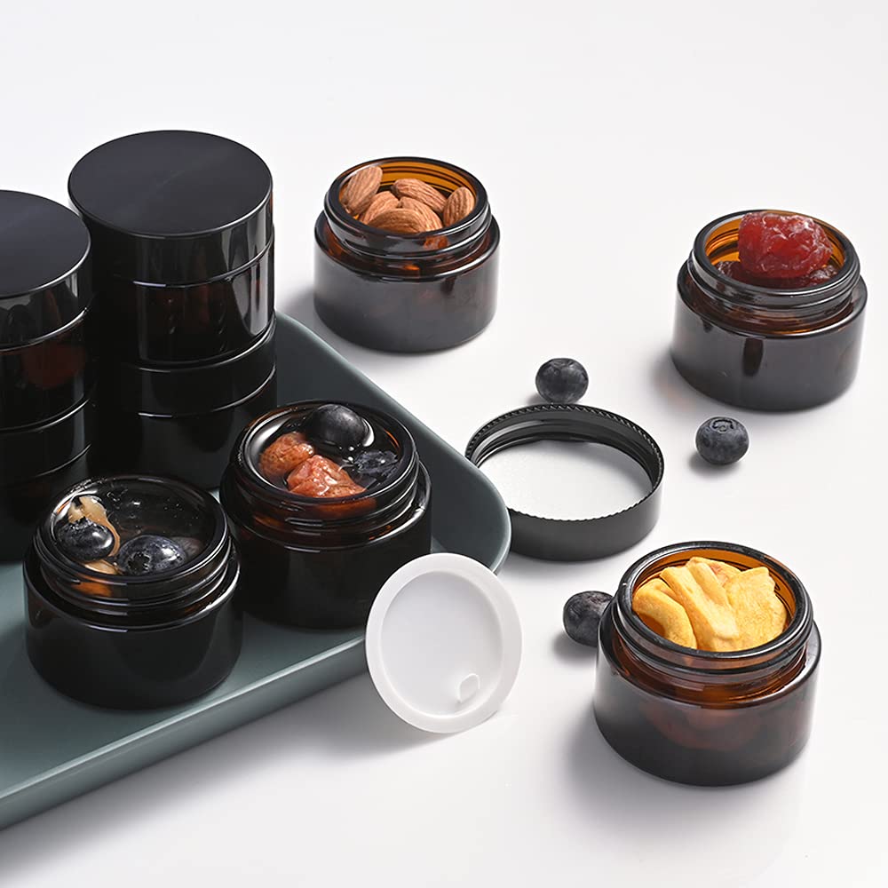 48 Pcs 1 Oz Amber Glass Jars, Small Glass Jars With Black Lids Face Cream Leakproof Wide Mouth Round Jar, White Labels & Inner L