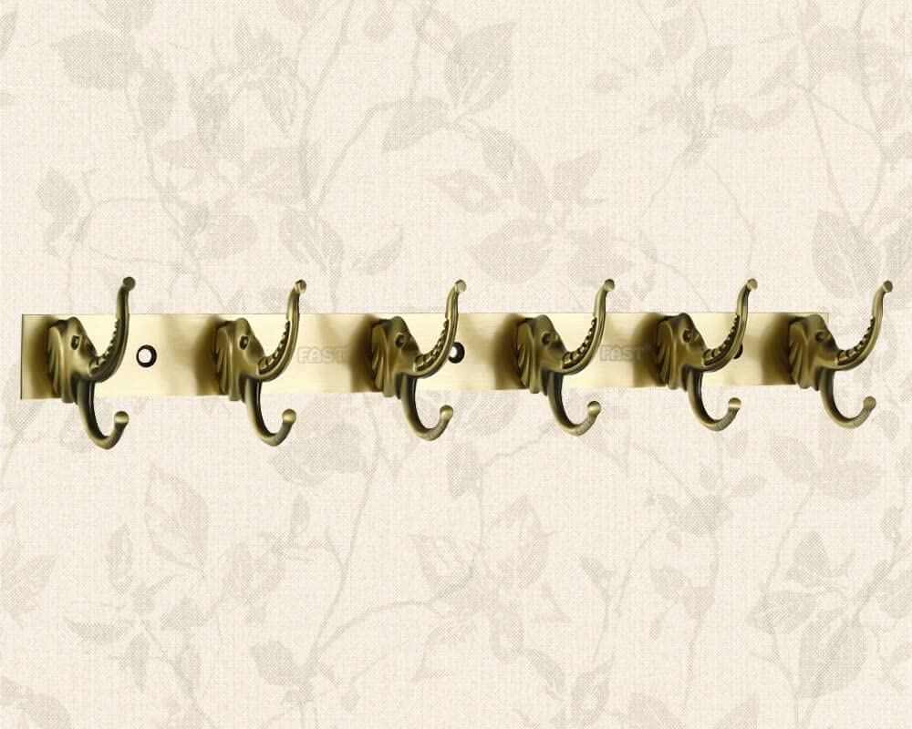 Fast Ch16 Elephant Deluxe Brass Antique Wall & Door 2 3 4 6 Hanging Multi Pin Hooks For Hanging Clothes, Towel, And Coat Hook (6