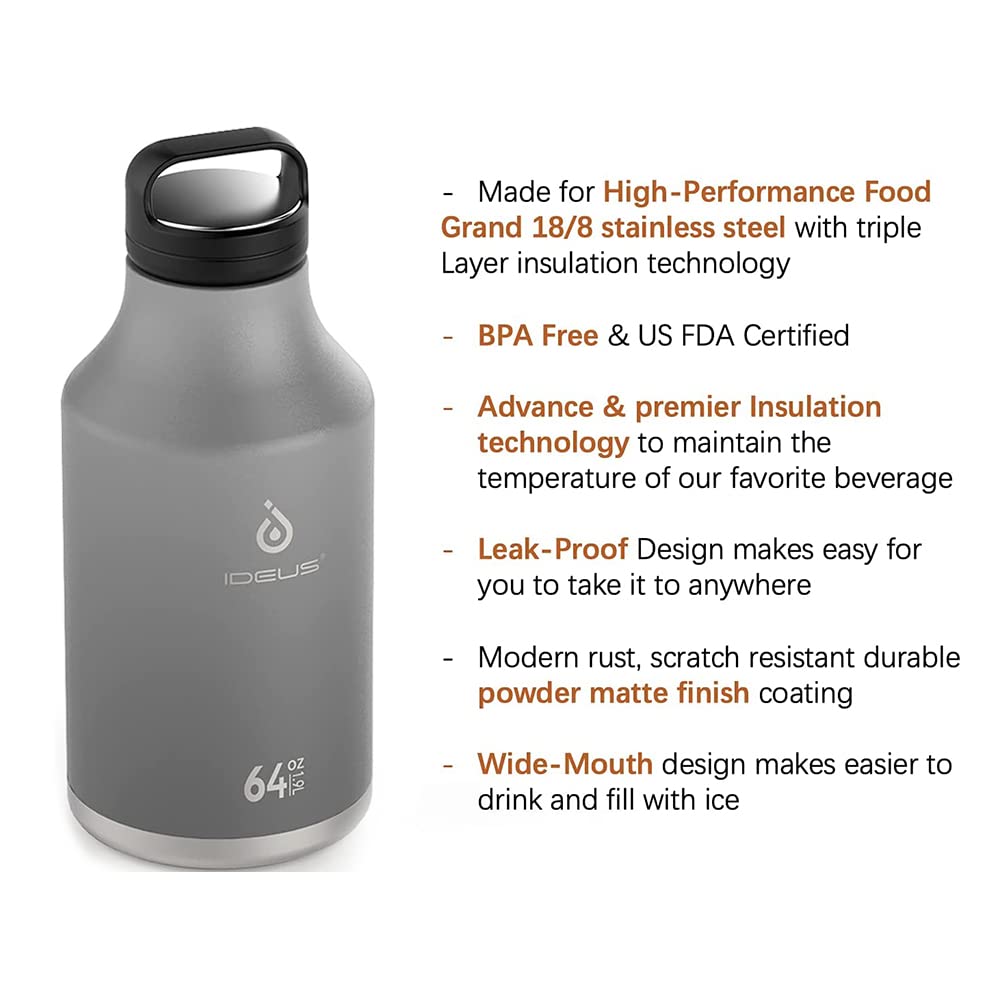 Ideus Insulated Stainless Steel Water Bottle With 2 Leak-Proof Lids, Thermal Water Flask For Hiking Biking, 64Oz, Gray