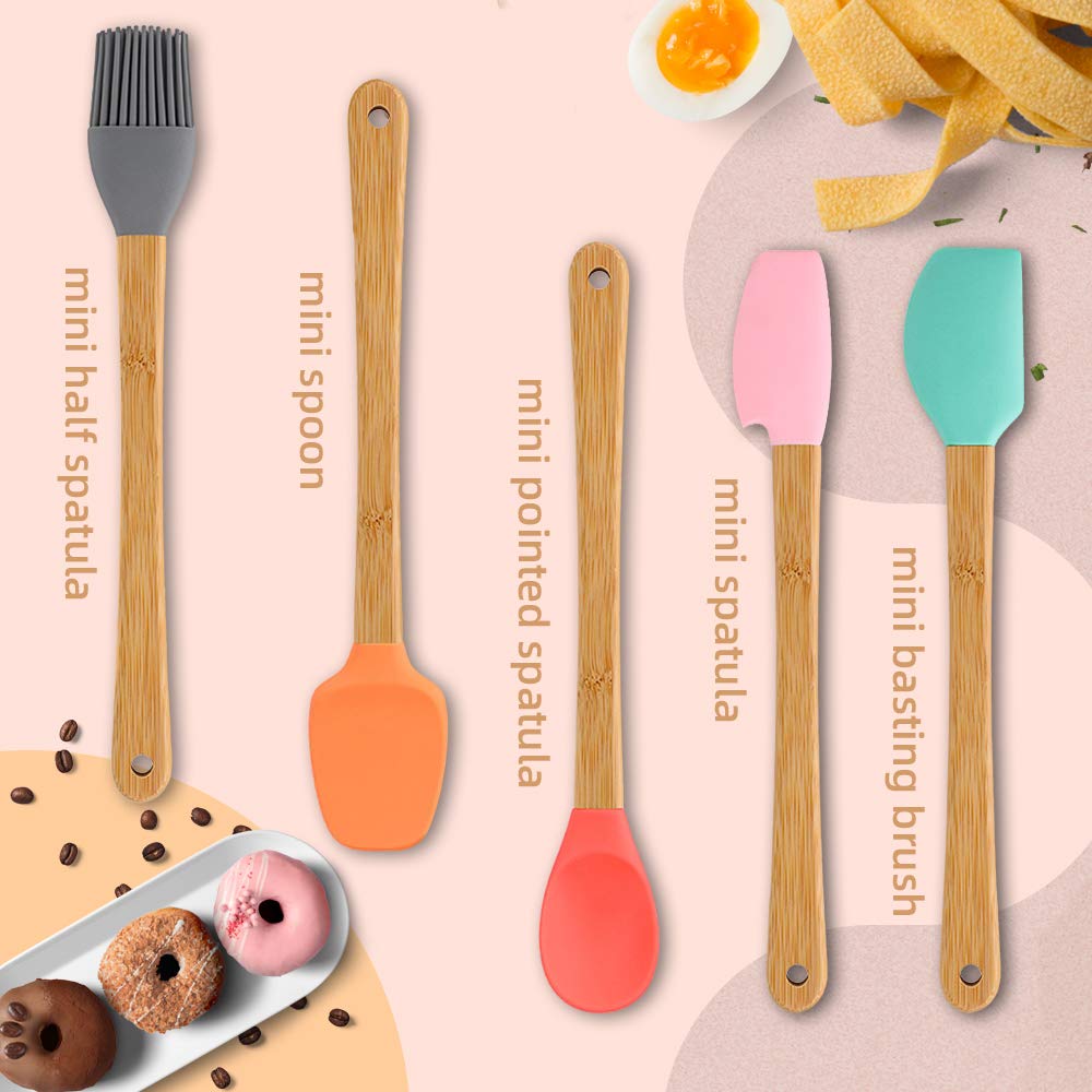 5 Piece Silicone Spatula,Mini Rubber Spatula Wooden Handle,Heat Resistant Silicone Spatula Set,Kitchen Utensils Non-Stick For Ba