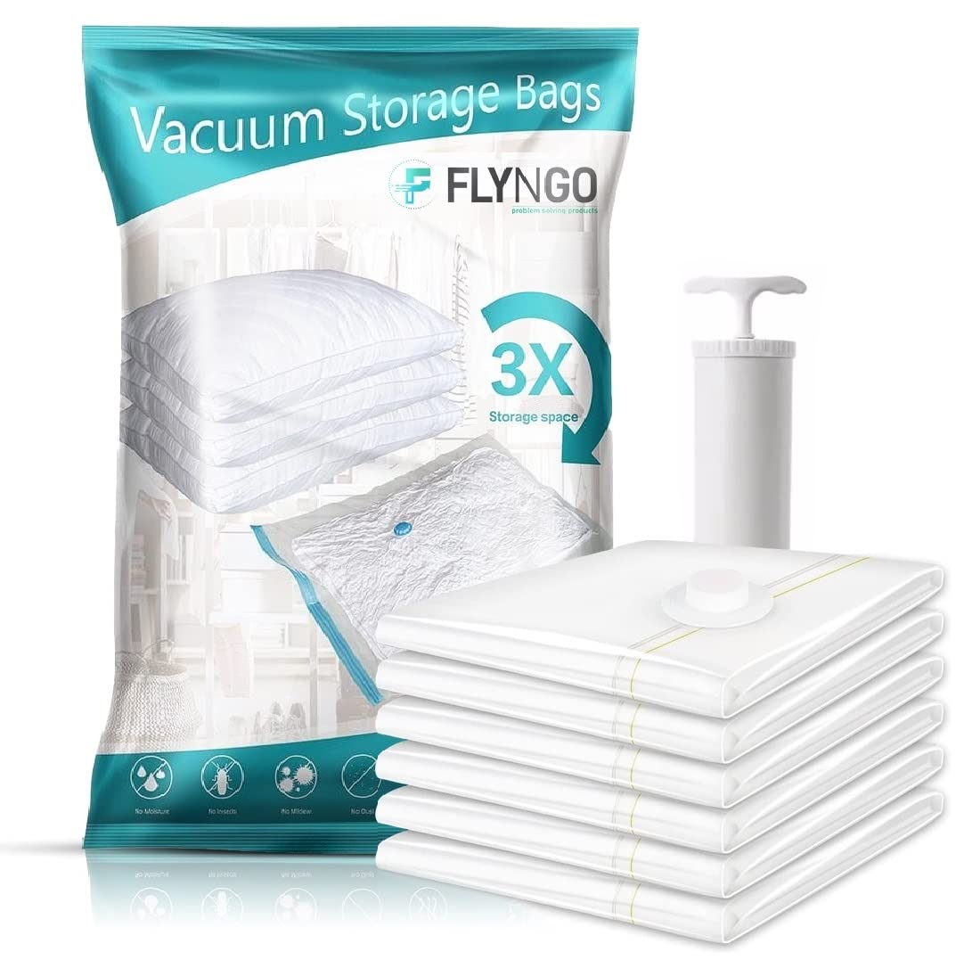 Flyngo Reusable Ziplock Vacuum Storage Space Saver Bags For Clothes With Travel Hand Pump  Pack Of 5 (Medium  50Cmx70Cm)