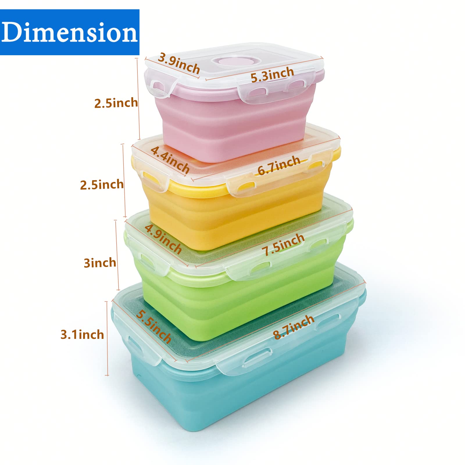 Lunbengo 4Pack Collapsible Reusable Lunch Containers, 350Ml-500Ml-800Ml-1200Ml, Silicone Food Storage Containers With Lids, Food