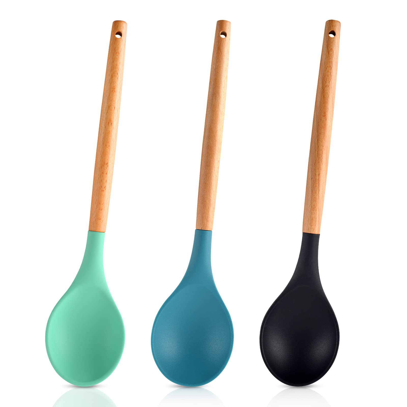 3 Pcs Large Silicone Spoon Wooden Handle Wood Handle Mixing Spoons Silicone Mixing Spoon For Cooking Baking Stirring Silicone Sp