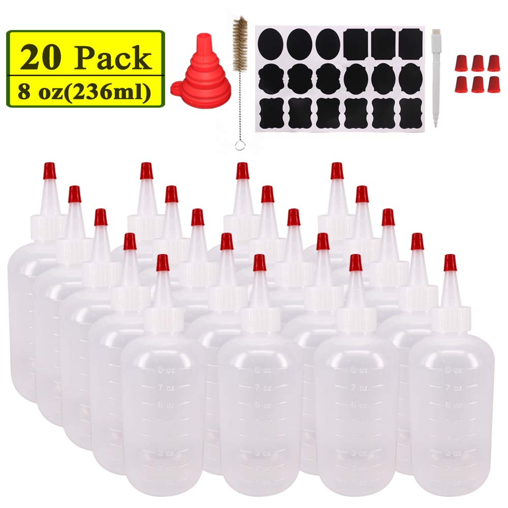 Belinlen 20 Pack 8-Ounce Plastic Squeeze Bottles With 20Pcs Red Tip Caps And Measurement - Good For Crafts, Art, Glue, Multi Pur