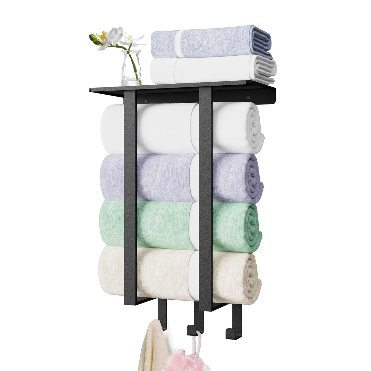 Bethom Towel Racks For Bathroom, Towel Rack With Shelf & 3 Hooks, Towel Storage Holders Wall For Rolled Bath Towels, Black