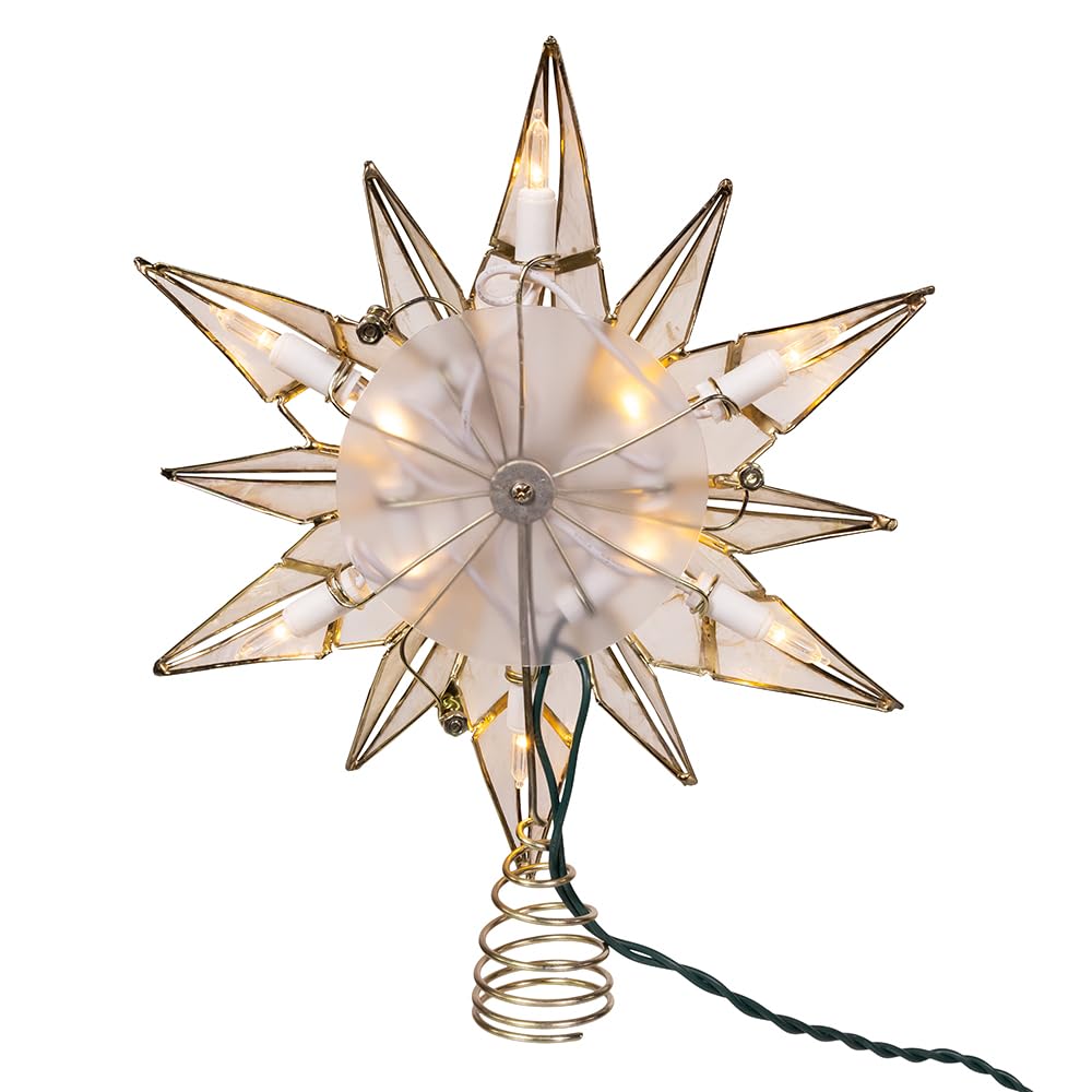 Kurt Adler 10-Light LED Brass Plated Capiz Star Tree Topper, 12-Point with Gem Center, 10.25
