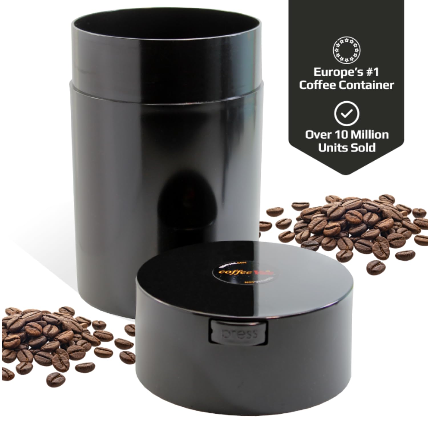 Coffeevac 1Lb Patented Airtight Multi-Use Vacuum Works As Smell Proof Ground Coffee Bean Containers. Black Cap And Body, 1.85-Li