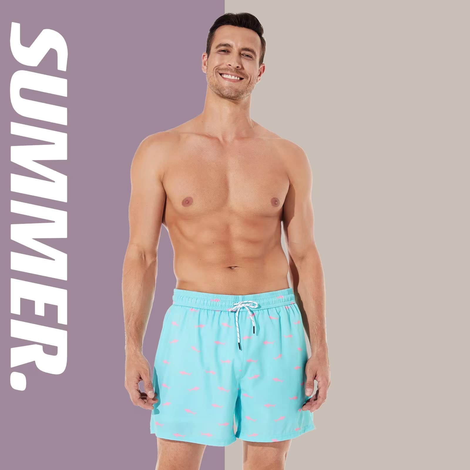 BRISIRA Swim Trunks Men Quick Dry Swim Shorts 5 inch Inseam Stretch Water Beach Shorts with compression Liner Zipper Pocket