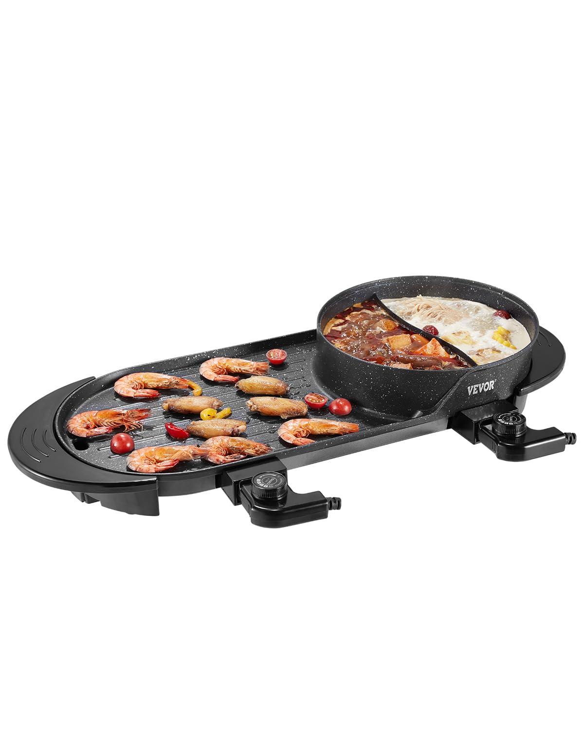 VEVOR Hot Pot with Grill, 2200W 2-in-1 Electric Smokeless Grill and Hot Pot, Korean BBQ Shabu Shabu Hotpot with Separate Dual Te