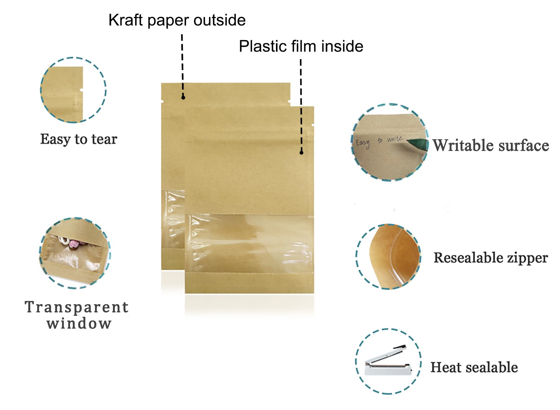Pabck 100 Pack Clear Window Kraft Paper For Zip Bag Reclosable Lock Seal Food Storage Bags Zipper Lock Resealable Heat Seal Pouc