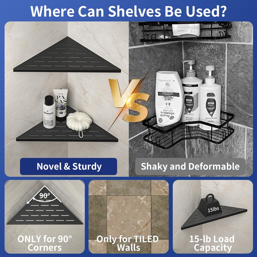 Bernkot Corner Shower Shelf, 12'' Matte Black 304 Stainless Steel Slot Design Recessed Corner Shelves 2 Pack Bathroom Shelf Rack