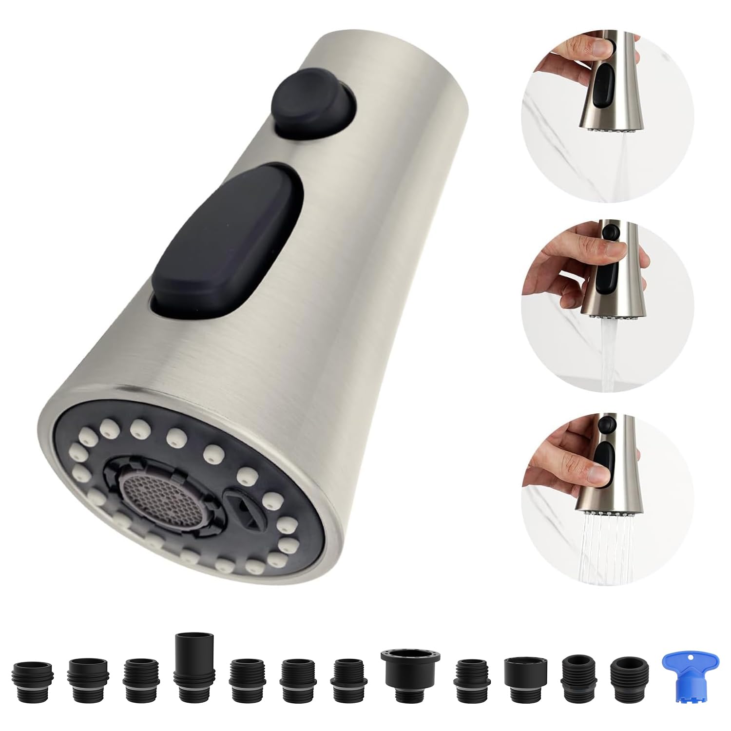 Kitchen Faucet Head Replacement, 3-Function Kitchen Sink Faucet Parts With 12 Adapters, Pull Down Faucet Sprayer Nozzle Compatib