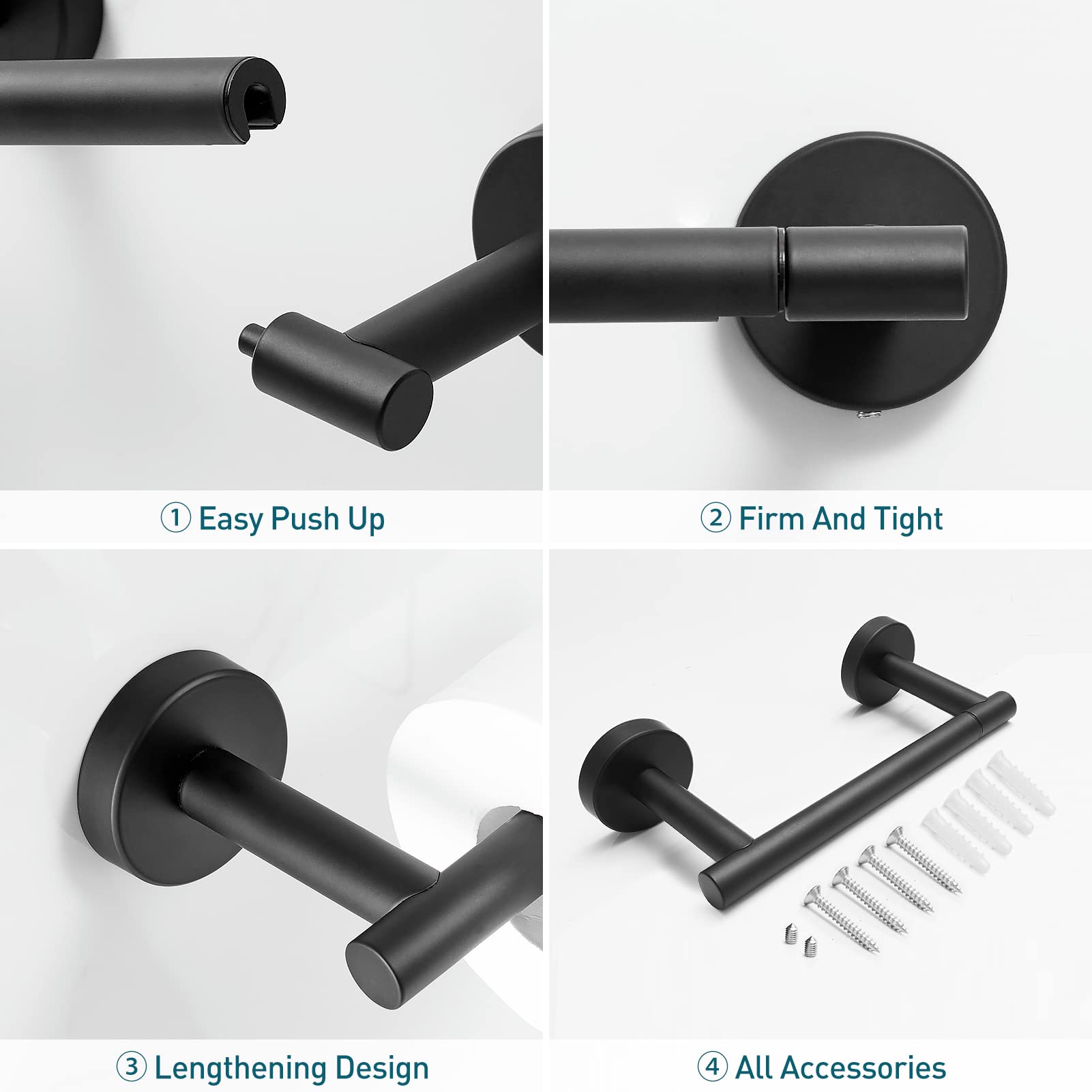 POKIM Black Toilet Paper Holder - Metal Bathroom Flexible Pivoting Tissue Handle on Wall Mounted  SUS 304 Stainless Steel Adjustable TP Large Mega Roll Holder for Wooden Cabinet Classic Matte