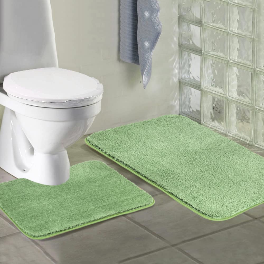 Walensee Shaggy 2 Piece Bath Rug Sets (Sage Green) 20 X 24 U Shape Contour Rug & 20 X 32 Bathroom Rug Machine Wash/Dry Bath Mats