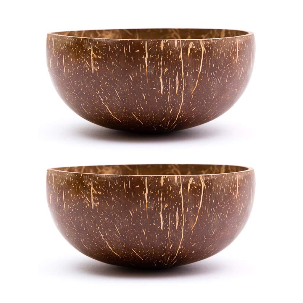Rainforest Bowls Set Of 2 Regular Original Coconut Bowls, 2 Wooden Spoons & 2 Reusable Bamboo Straws - 100% Natural, Hand Carved
