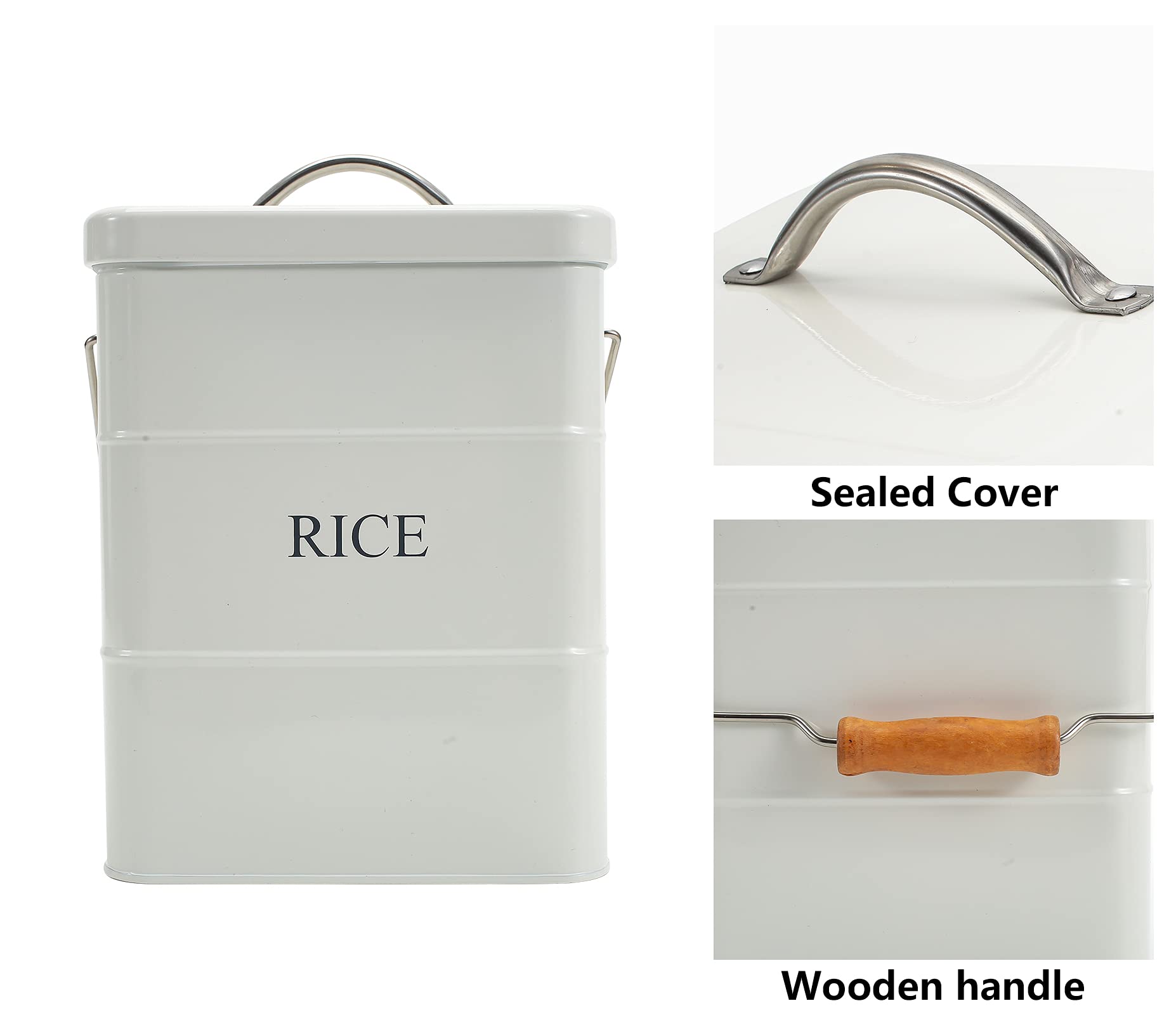 Xbopetda Metal Rice Storage Box  Square Rice Container with Lid and handle  Sealed Food Storage Bin for Kitchen  Countertop Organizer Jar for Rice Flour Soybean Grain Cereal-White