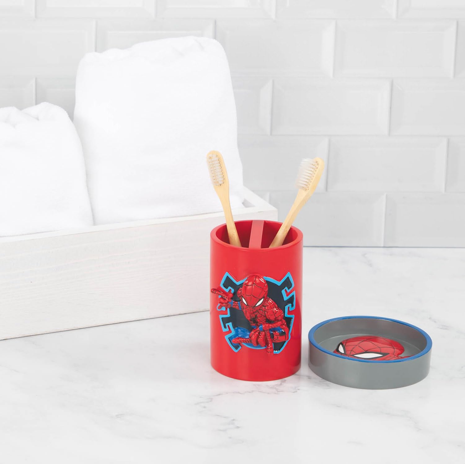 Marvel Spiderman 2 Piece Bathroom Set - Red & Blue Soap Dish & Toothbrush Holder Set - Kids Resin Bathroom Accessories