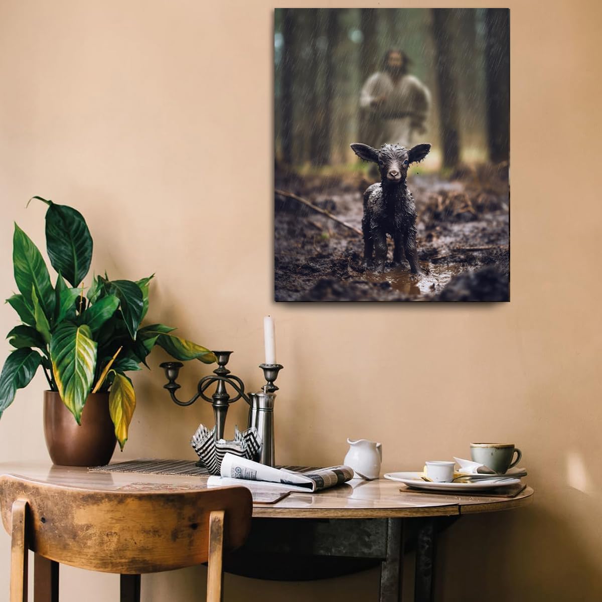 Jesus And Lamb Canvas Wall Art Black Sheep Lost Picture Wall Art Canvas Print Christian Home Decor 24X30 Inch