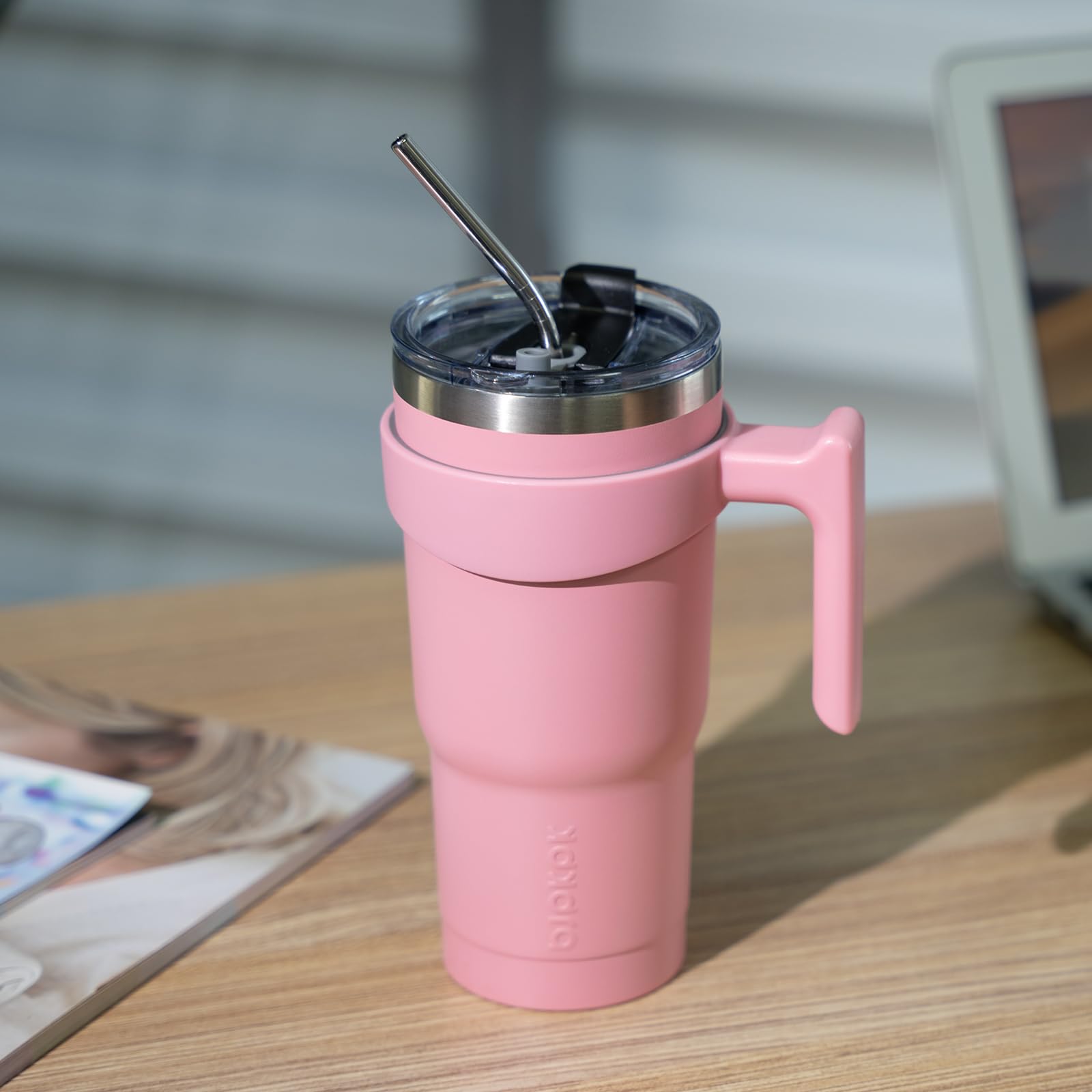 Bjpkpk 40 Oz Tumbler With Handle And Straw Stainless Steel Insulated Tumbler With Lid Reusable Metal Coffee Cups,Light Pink
