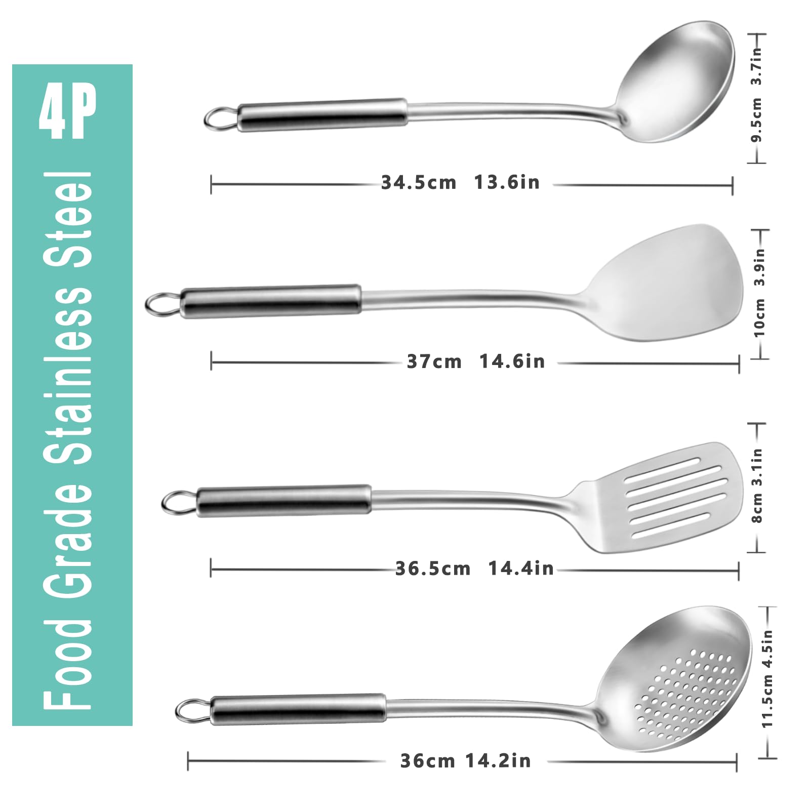 Pleafind 4-Pcs Cooking Utensils Set, Stainless Steel Kitchen Utensils, Wok Utensils Set Include Wok Ladle, Slotted Spoon, Wok Sp
