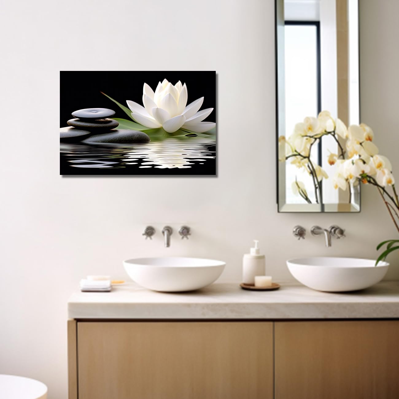 Lzimu Zen Canvas Wall Art White Lotus And Black Zen Stones Bloom In Water Picture Prints For Yoga Spa Meditation Spiritual Room