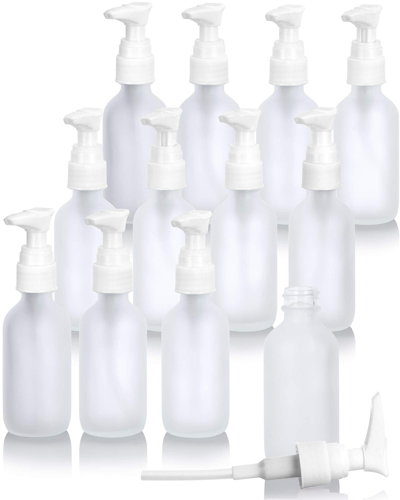 2 Oz Frosted Clear Glass Boston Round Bottle With White Lotion Pump (12 Pack)