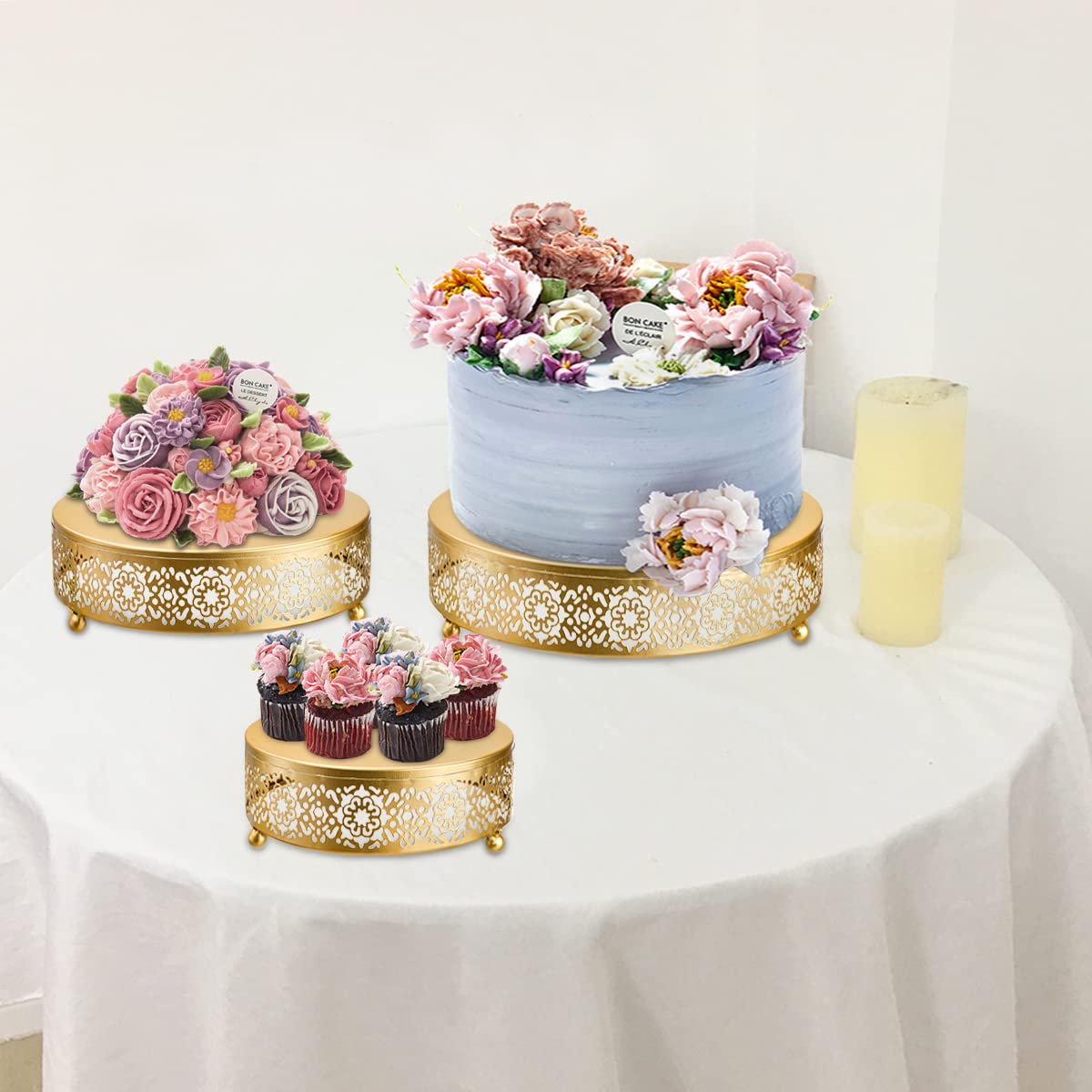 Hedume 3 Pack Cake Stand Set, Round Cake Stands, Metal Dessert Cupcake Pastry Candy Display Plate For Wedding, Event, Birthday P
