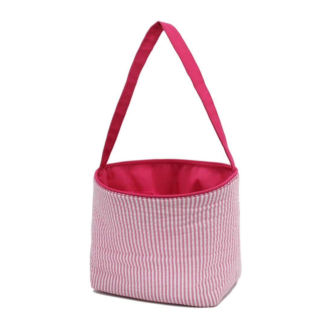 SONA G DESIGNS Pink Seersucker Stripe Fabric Easter Basket Bucket Tote Bag - Egg Collecting