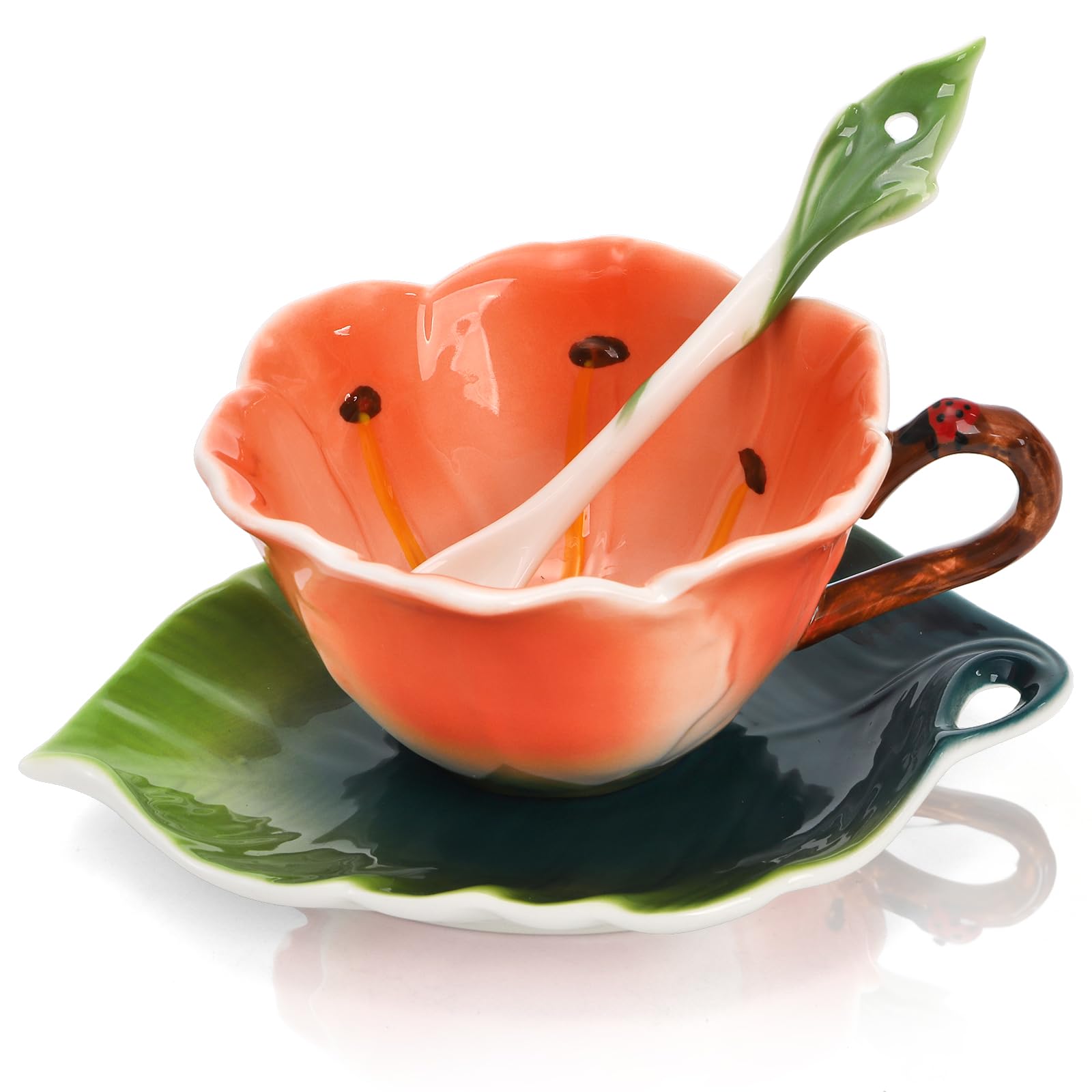Cididu Flower Tea Cup and Saucer, 6 Oz Ceramic Coffee Mug with Spoon, 3D Handmade Vintage Drinking Cups, 3 Pieces Orange Teaware