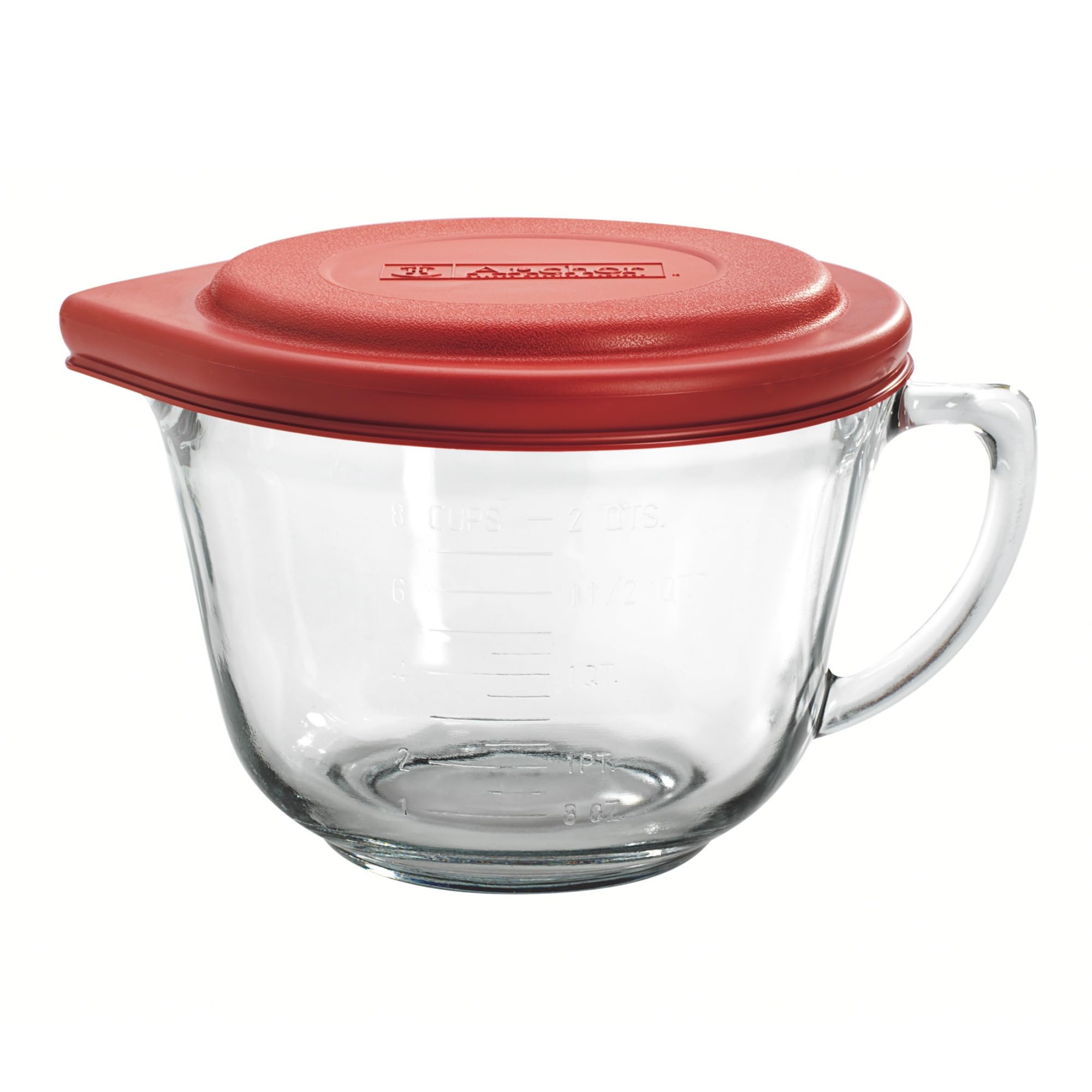 Anchor Hocking 2 Quart Glass Batter Bowl with Red Lid, Model 91557L7, Durable Mixing Bowl for Baking and Cooking