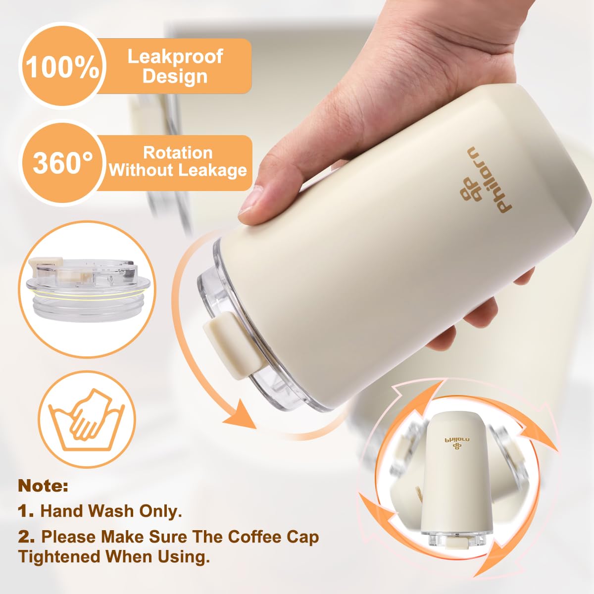 PHILORN Travel Coffee Mug  Coffee Cup-12 OZ Insulated Coffee Mug With Lid  White Stainless Steel Coffee Mug with Double Wall  Thermal Cup for Hot & Cold Drinks