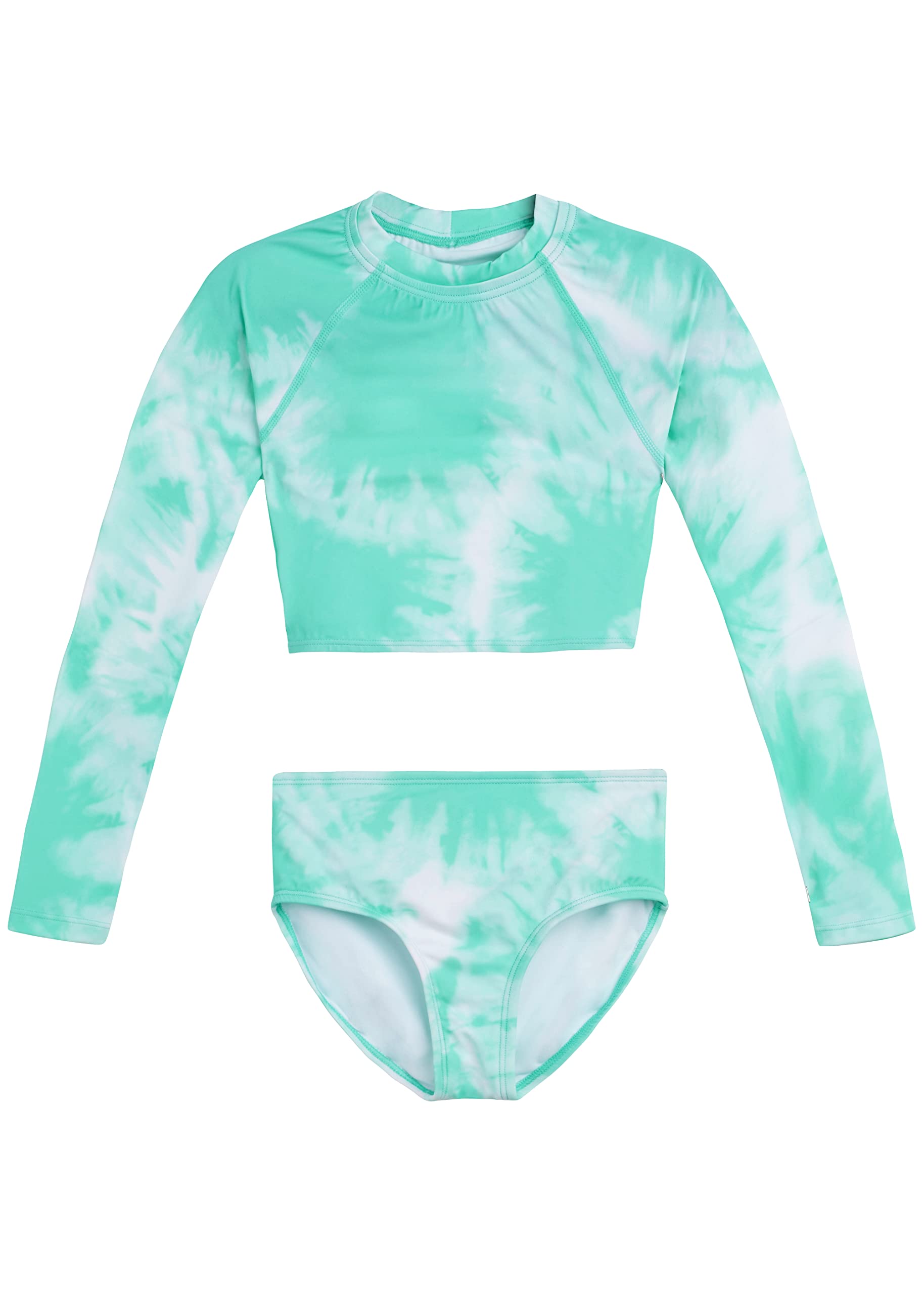 Kanu Surf Girls Long Sleeve Rashguard Upf 50 Two Piece Swim Set, Beach Girl Ice Green, 14-16
