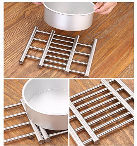 Leoyoubei 8x9 Metal Adjustable Trivet Wite from 9'' to 15'' Multi-Purpose Spoon Rest and Kitchen Table mats Shrink Pads Non-Sliding hot pad and Pot Holder (Silver)