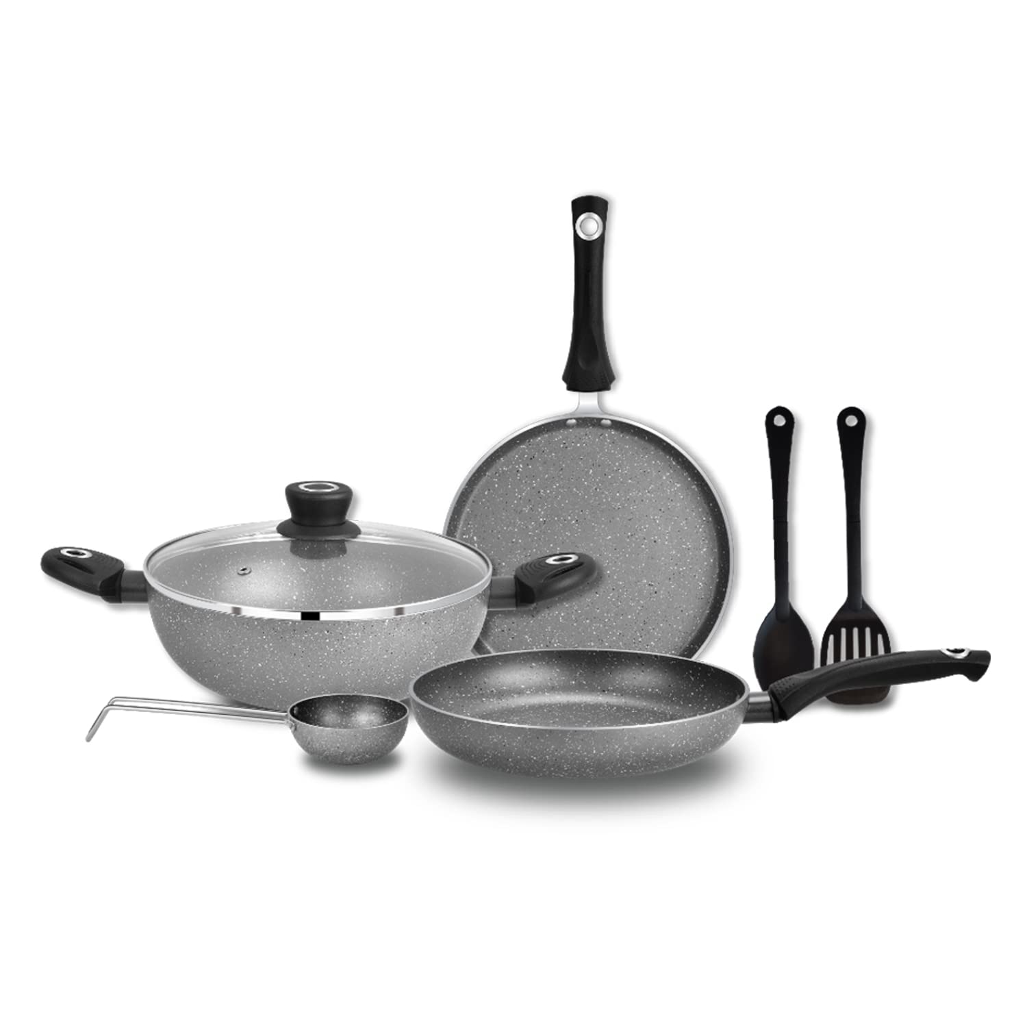 Bergner Aluminium Bellini Marble Non Stick Cookware Set 7PcKadhai With Glass Lid 24Cm, Dosa Tawa 28Cm, Frypan 24Cm, Tadkapan, 2