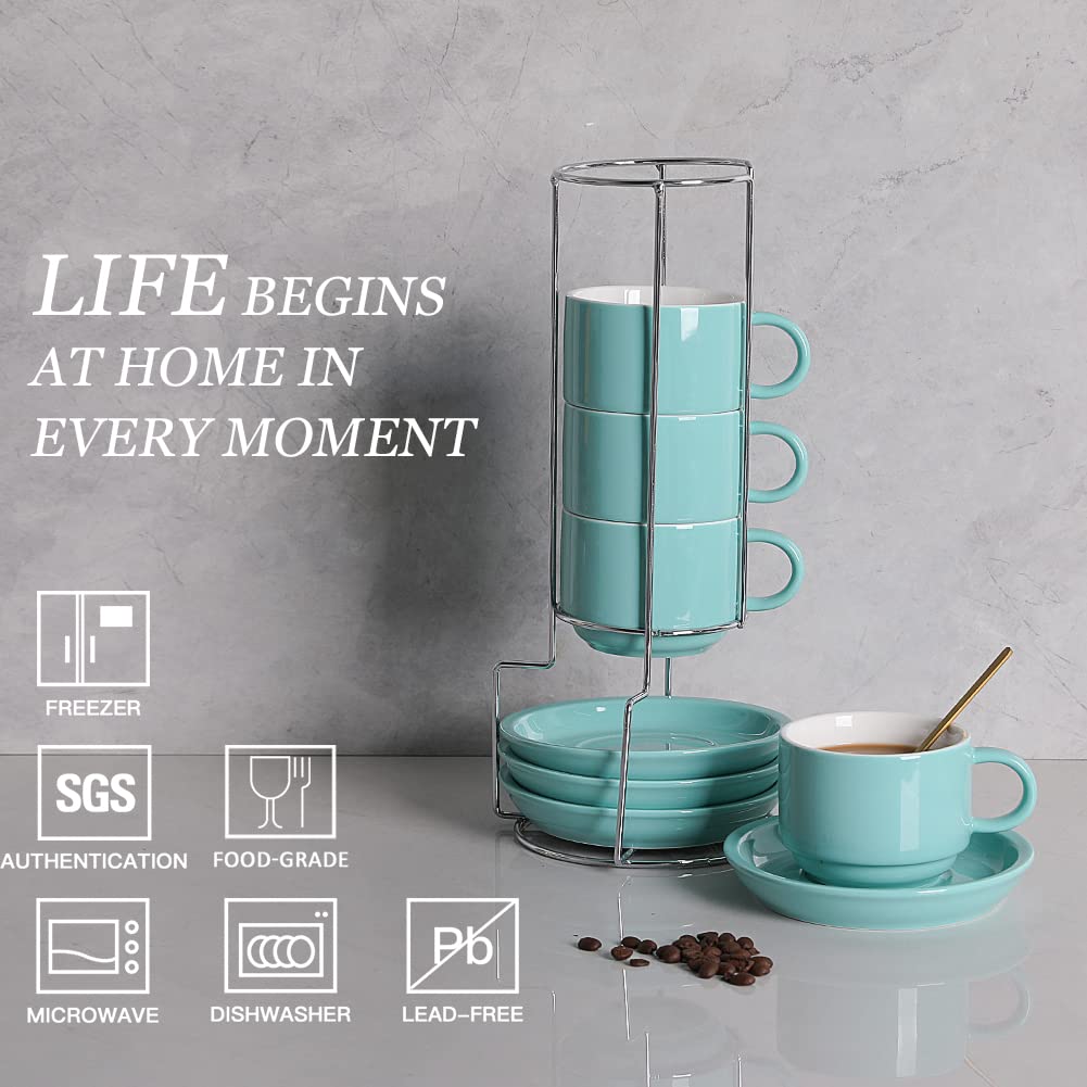 Sweejar Porcelain Cappuccino Cups With Saucers And Metal Stand, 8 Ounce Stackable Espresso Cups For Specialty Coffee Drinks, Lat