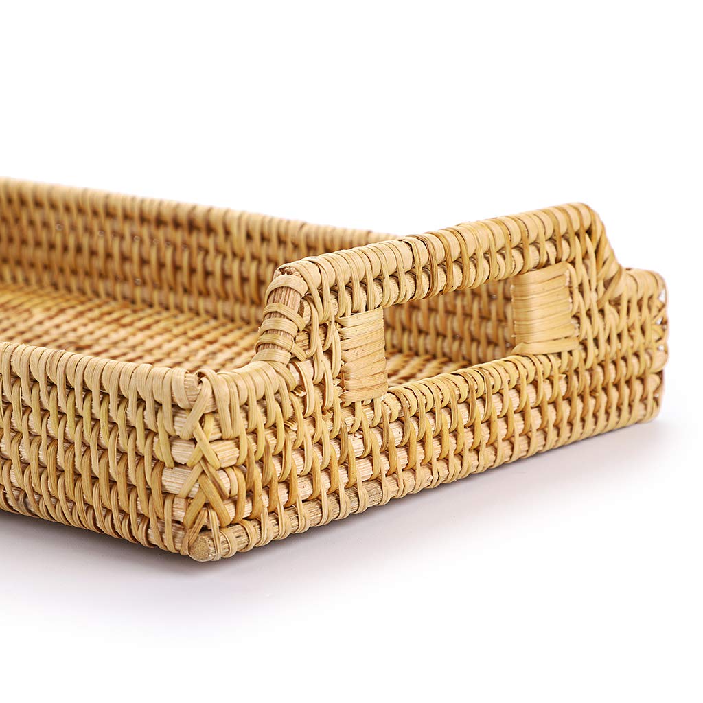 Hipiwe Rattan Serving Tray With Handles - Hand-Woven Decorative Tray For Storage Breakfast, Drinks, Snack,Rectangular Basket Org