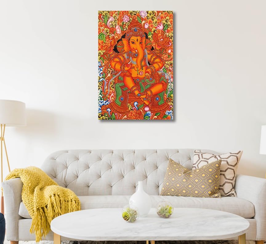 PIXELARTZ Kerala Mural Sri Ganesh Canvas Painting | Traditional Art Unframed Painting for Home dcor - Multicolour (17x23 Inches,