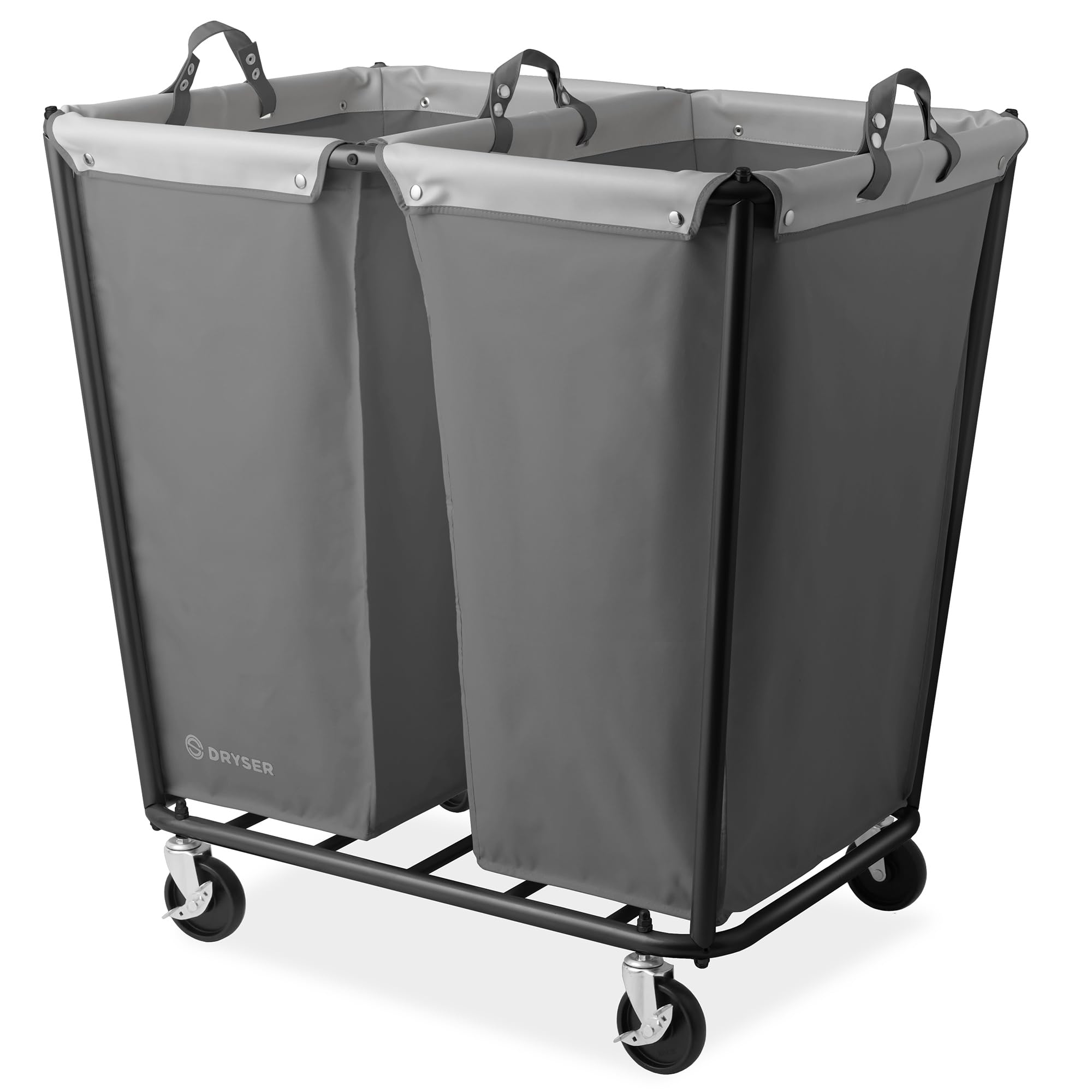 Dryser Divided Commercial Heavy-Duty Rolling Laundry Hamper, Steel Frame Cart on Wheels with 2 Section Removable Canvas Bins for