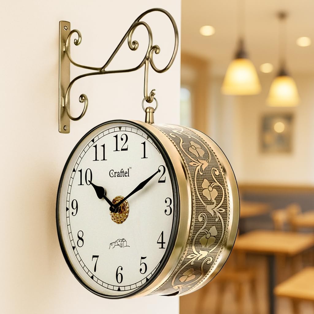 CRAFTEL Metal Analog Double Sided Vintage English Roman Station Wall Clock with Brass in dial (Golden_10 Inches)